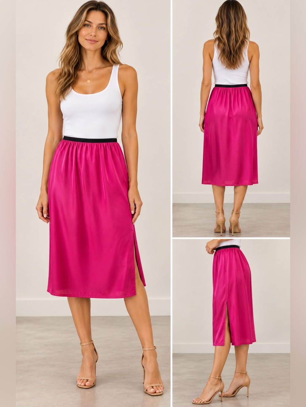 Helmut Lang Vibrant Pink Silk Side Slit Skirt